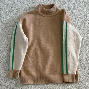 Tan Sweater with Green Stripes on sleeves